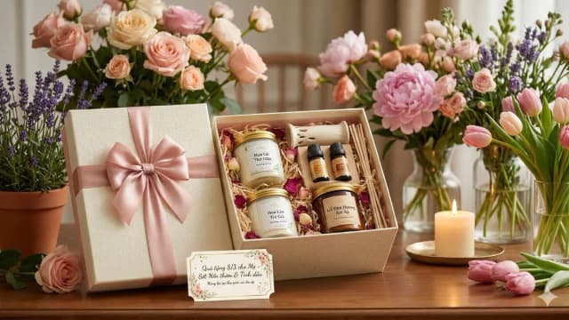 Hộp quà tổng hợp gồm trà, bánh và hạt dinh dưỡng dành tặng mẹ