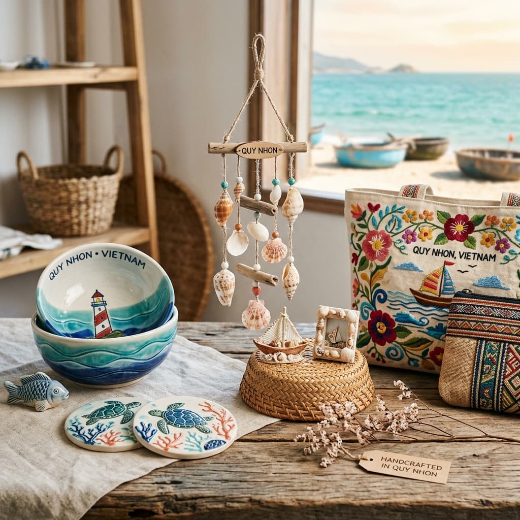 Quà lưu niệm thủ công mỹ nghệ Quy Nhơn được làm tinh xảo từ vỏ sò và gốm