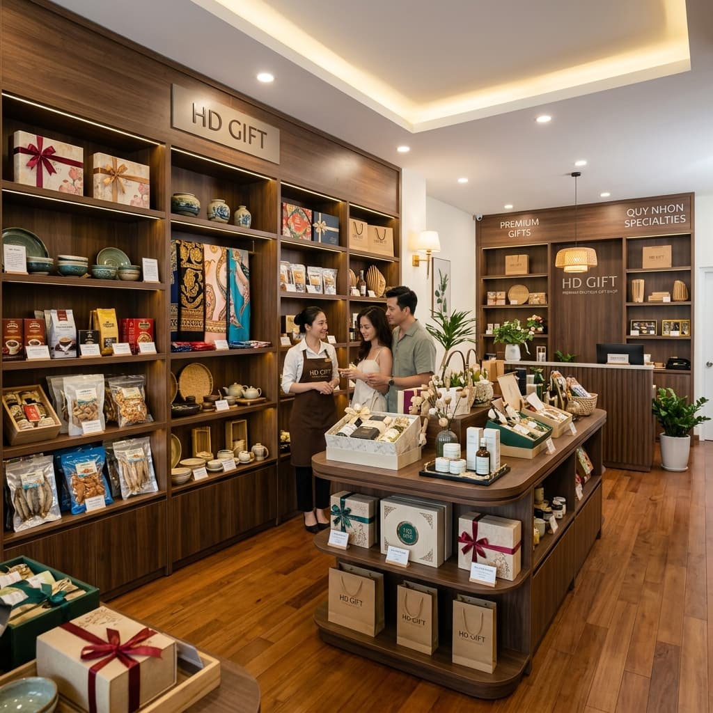Không gian bên trong cửa hàng HD Gift Quy Nhơn với nhiều mẫu quà đặc sản